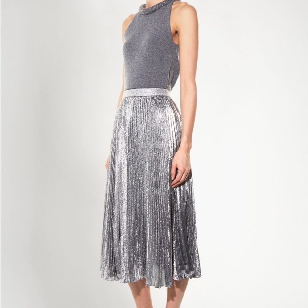 Christopher Kane Pleated Silver Silk Midi Skirt
